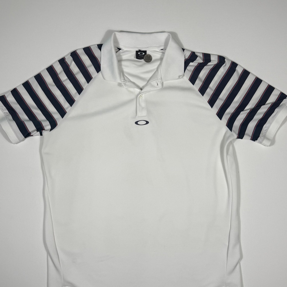 Oakley Mens Golf Polo Shirt White Striped Raglan Sleeve Regular Fit Large L